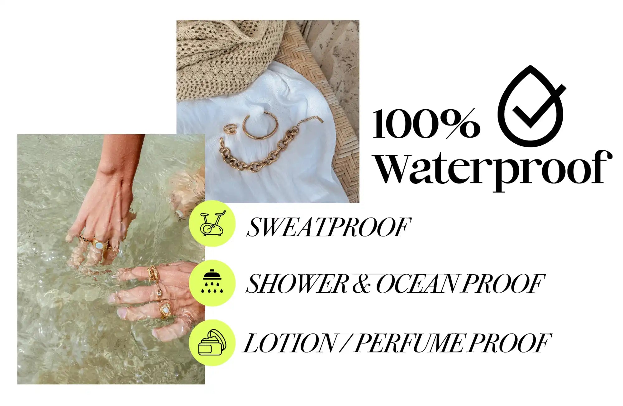 Waterproof, sweatproof, and lotion/perfume-proof jewelry.